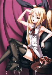 Rule 34 | 1girl, absurdres, arc system works, armpits, artist request, black thighhighs, blazblue, blonde hair, bowl, cream, curtains, feet, flat chest, food, frills, fruit, hair ribbon, highres, long hair, no shoes, official art, rachel alucard, red eyes, ribbon, sexually suggestive, skirt, soles, solo, spread toes, strawberry, suggestive fluid, table, thighhighs, toes, tongue, twintails, vampire