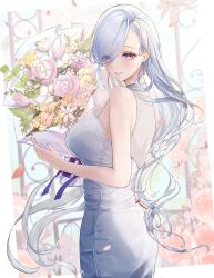 Rule 34 | 1girl, absurdres, alternate costume, alternate hairstyle, arano0910, asymmetrical bangs, bare shoulders, blush, bouquet, breasts, clenched teeth, cowboy shot, dress, eyes visible through hair, flower, from side, genshin impact, grey dress, grey hair, grey nails, hair over one eye, highres, holding, holding bouquet, large breasts, long hair, looking at viewer, nail polish, open mouth, pink flower, purple eyes, shenhe (genshin impact), sleeveless, sleeveless dress, smile, solo, teeth, turning head