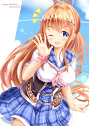Rule 34 | 1girl, ;d, blue eyes, blue sailor collar, blue skirt, blush, breasts, brown hair, commentary request, dated, hair between eyes, hair ornament, hair ribbon, hairclip, happy birthday, high ponytail, highres, long hair, medium breasts, notice lines, one eye closed, open mouth, original, pink neckwear, plaid, plaid sailor collar, plaid skirt, pleated skirt, ponytail, red ribbon, ribbon, sailor collar, shirt, skirt, smile, solo, star (symbol), star hair ornament, underbust, very long hair, white shirt, wrist cuffs, xenon (for achieve)