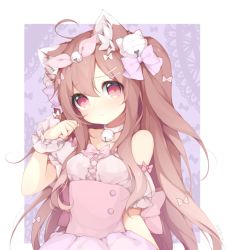 Rule 34 | 1girl, animal ears, bare shoulders, bell, blush, bow, brown hair, collar, commission, dress, gradient hair, long hair, looking at viewer, maid, multicolored hair, neck bell, original, pink dress, pink eyes, runastark, shy, twintails, upper body