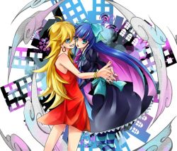 Rule 34 | 10s, 2girls, :o, bad id, bad pixiv id, bare shoulders, blonde hair, blue eyes, blue nails, bracelet, city, cloud, earrings, emptiest (artist), grin, hair ribbon, holding hands, interlocked fingers, jewelry, long hair, multicolored hair, multiple girls, nail polish, panty &amp; stocking with garterbelt, panty (psg), red nails, red skirt, ribbon, siblings, sisters, skirt, smile, stocking (psg), striped clothes, striped legwear, striped thighhighs, thighhighs, two-tone hair