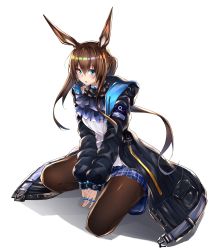 Rule 34 | 1girl, amiya (arknights), animal ears, arknights, ascot, between legs, black coat, black pantyhose, blouse, blue ascot, blue eyes, blue skirt, blush, breasts, brown hair, coat, commentary, fluegel (kaleido scope-710), frills, full body, hair between eyes, hand between legs, highres, jewelry, long hair, looking at viewer, medium breasts, miniskirt, multiple rings, neck ring, open clothes, open coat, open mouth, pantyhose, plaid, plaid skirt, ponytail, rabbit ears, ring, shadow, shirt, simple background, skirt, solo, squatting, white background, white shirt