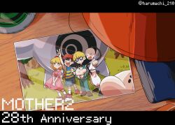 Rule 34 | 1girl, 3boys, anniversary, baseball cap, black hair, blonde hair, child, copyright name, doseisan, dress, haru-cho, hat, highres, jeff andonuts, mother (game), mother 2, multiple boys, ness (mother 2), nintendo, open mouth, paula (mother 2), poo (mother 2), shirt, short hair, shorts, smile, striped clothes, striped shirt