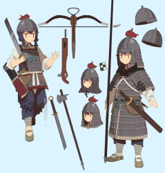 Rule 34 | 1girl, armor, axe, black hair, blue background, bow (weapon), chainmail, chinese armor, chinese clothes, chinese empire, crossbow, dao, fangdan runiu, hanfu, helmet, holding, holding polearm, holding weapon, jitome, lamellar armor, original, polearm, quiver, scabbard, sheath, song dynasty, tassel, weapon