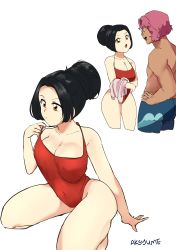 Rule 34 | 1990s (style), 1boy, 1girl, absurdres, adjusting clothes, adjusting swimsuit, akashi (akkasayu), akkasayu, arm support, artist name, blue male swimwear, blue swim trunks, breasts, dark-skinned male, dark skin, hair bun, hand on own hip, highres, kneeling, large breasts, long hair, looking at another, male swimwear, one-piece swimsuit, open mouth, original, pink hair, print male swimwear, print swim trunks, red one-piece swimsuit, retro artstyle, sayuri (akkasayu), swim trunks, swimsuit, very long hair, wave print, white background