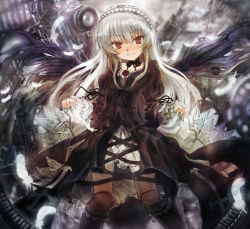 Rule 34 | 00s, 1girl, asuka shirou, black dress, brown eyes, doll joints, dress, female focus, hair ornament, headband, joints, long hair, looking at viewer, red eyes, rozen maiden, smile, solo, solo focus, suigintou, white hair, wings