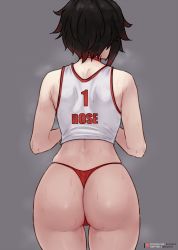 Rule 34 | 1girl, ass, black hair, bluefield, from behind, highres, ruby rose, rwby, sportswear, thong, volleyball uniform