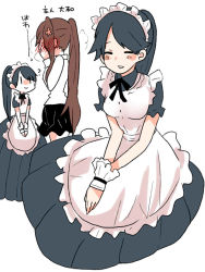Rule 34 | 10s, 2girls, :&gt;, ?, alternate costume, apron, black hair, blush, blush stickers, brown hair, covering face, dress, enmaided, closed eyes, flower, full-face blush, hair flower, hair ornament, hands on lap, high ponytail, houshou (kancolle), kantai collection, long hair, looking at another, looking up, maid, maid apron, maid headdress, multiple girls, neck ribbon, no headwear, ponytail, ribbon, smile, solo focus, v arms, very long hair, wing collar, wrist cuffs, yamato (kancolle), yoichi (umagoya), | |