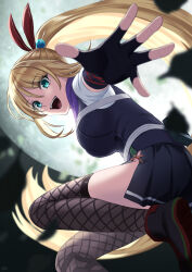 Rule 34 | 1girl, absurdres, blonde hair, blue eyes, breasts, fingerless gloves, fishnet thighhighs, fishnets, from side, gloves, hair ornament, heaven burns red, high collar, highres, kanzaki adelheid, large breasts, long hair, looking at viewer, looking back, moon, nil (pixiv 53614557), ninja, open mouth, pleated skirt, ponytail, reaching, short sleeves, side slit, skirt, smile, solo, standing, standing on one leg, thighhighs, very long hair