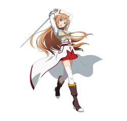 Rule 34 | 10s, 1girl, armor, asuna (sao), boots, breastplate, brown eyes, brown footwear, brown hair, full body, highres, holding, holding sword, holding weapon, long hair, long legs, looking at viewer, official art, open mouth, pleated skirt, rapier, red skirt, simple background, skirt, solo, sword, sword art online, sword art online: code register, thighhighs, weapon, white background, white thighhighs