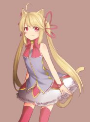 Rule 34 | 1girl, absurdres, ahoge, animal ears, bare shoulders, bell, blonde hair, cat ears, cat girl, cat tail, chiiririn, closed mouth, collarbone, fang, female focus, frills, hair ribbon, highres, long hair, original, pink ribbon, pink thighhighs, red eyes, ribbon, simple background, sleeveless, smile, solo, tail, thighhighs, twintails, zettai ryouiki