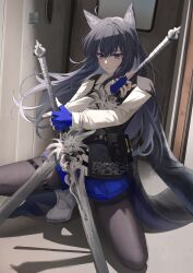 Rule 34 | 1girl, absurdres, animal ear fluff, animal ears, arknights, black hair, black pantyhose, black vest, blue eyes, blue gloves, blue shorts, closed mouth, collared shirt, commentary request, fingerless gloves, gloves, hair between eyes, highres, holding, holding sword, holding weapon, indoors, long hair, long sleeves, pantyhose, pantyhose under shorts, shirt, shoes, short shorts, shorts, solo, squatting, sword, texas (arknights), texas the omertosa (arknights), very long hair, vest, weapon, white footwear, white shirt, xuan xuan xuan za