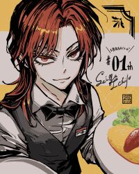 Rule 34 | 1boy, artist name, bishounen, black bow, black bowtie, bow, bowtie, character name, closed mouth, commentary request, dated, food, grey vest, highres, holding, holding plate, ichijou seiya, joukyou seikatsuroku ichijou, kaiji, lettuce, long hair, long sleeves, looking at viewer, male focus, medium bangs, name tag, omelet, omurice, parted bangs, plate, red eyes, red hair, shirt, smile, solo, unknown03162, upper body, vest, waiter, white shirt