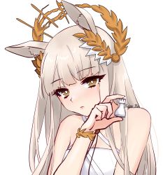Rule 34 | 1girl, animal ear fluff, animal ears, arknights, bare shoulders, bikini, brown eyes, commentary, criss-cross halter, english commentary, halterneck, highres, horse ears, kana re, laurel crown, long hair, looking at viewer, platinum (arknights), platinum (shimmering dew) (arknights), silver hair, simple background, solo, swimsuit, upper body, white background, white bikini