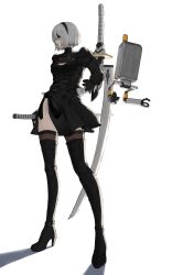 Rule 34 | 1girl, absurdres, black blindfold, black hairband, black skirt, black thighhighs, blindfold, boots, cleavage cutout, closed mouth, clothing cutout, commentary, full body, hairband, hand on own hip, high heels, highres, holding, holding sword, holding weapon, katana, long sleeves, looking to the side, natoriusu sansei, nier:automata, nier (series), robot, short hair, side slit, simple background, skirt, solo, standing, sword, thigh boots, thighhighs, weapon, white background, white hair, 2b (nier:automata)