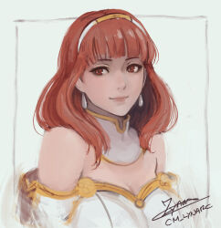 Rule 34 | 1girl, bare shoulders, breasts, celica (fire emblem), cleavage, cm lynarc, commentary, detached collar, dress, earrings, fire emblem, fire emblem echoes: shadows of valentia, grey background, hairband, jewelry, large breasts, looking at viewer, medium hair, nintendo, off-shoulder dress, off shoulder, red eyes, red hair, smile, solo, upper body, white dress