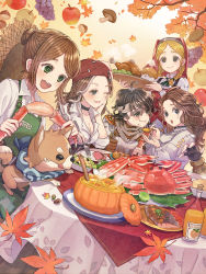 Rule 34 | 1boy, 4girls, ada mesmer, anne lester, apple, black choker, blouse, braid, button eyes, buttons, chicken (food), choker, crab, demi bourbon, emil (identity v), emma woods, food, fruit, grapes, happy, hat, highres, holding, holding spoon, identity v, identityvjp, juice, leaf, leaf print, maple leaf, meal, mole, mole under eye, multiple girls, mushroom, orange juice, outdoors, overalls, party, pinecone, pumpkin, shiba inu (identity v), shirt, smile, spoon, stitches, torn clothes, tray, twin braids, white shirt