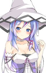 Rule 34 | 1girl, blue eyes, blue hair, blush, breasts, choker, cleavage, dot nose, dress, duel monster, eyes visible through hair, hat, highres, large breasts, long hair, looking at viewer, multicolored hair, playing with own hair, raion (inoueraion), red hair, rilliona (yu-gi-oh!), rilliona the magistus of verre, simple background, solo, streaked hair, white background, white choker, white dress, white hat, wizard hat, yu-gi-oh!