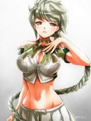 Rule 34 | 10s, 1girl, arms at sides, asymmetrical hair, bare shoulders, braid, breasts, cleavage cutout, clothing cutout, cloud print, crop top, hair ornament, jitome, kantai collection, large breasts, long hair, looking at viewer, midriff, navel, parted lips, short sleeves, silver hair, single braid, solo, tmsksa, unryuu (kancolle), very long hair, yellow eyes