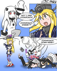 Rule 34 | &gt; &lt;, 10s, 3girls, abyssal ship, admiral paru, ahoge, american flag legwear, blonde hair, blue eyes, camera, colored skin, comic, commentary, detached sleeves, dress, english text, closed eyes, headgear, hitting, holding, horns, iowa (kancolle), kantai collection, long hair, mittens, multiple girls, nagato (kancolle), navel, northern ocean princess, open mouth, pleated skirt, red eyes, shovel, skirt, star-shaped pupils, star (symbol), sweat, symbol-shaped pupils, white dress, white hair, white skin, worktool, aged down