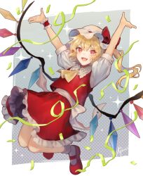Rule 34 | 1girl, :d, arms up, ascot, blonde hair, blush, commentary request, confetti, fangs, flandre scarlet, frilled skirt, frills, gensou aporo, hat, highres, looking at viewer, mob cap, one side up, open mouth, puffy short sleeves, puffy sleeves, red eyes, red skirt, red vest, short sleeves, skirt, smile, solo, sparkle, touhou, vest, wings, wrist cuffs, yellow ascot