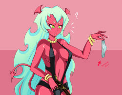 Rule 34 | 10s, bracelet, breasts, cleavage, colored skin, demon girl, double gold lacytanga, gun, horns, jewelry, panties, panty &amp; stocking with garterbelt, red skin, scanty (psg), swimsuit, tail, underwear, weapon