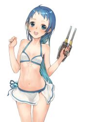Rule 34 | 10s, 1girl, :d, bikini, bikini skirt, blue eyes, blue hair, blush, branch (blackrabbits), breasts, collarbone, cowboy shot, front-tie bikini top, front-tie top, holding, holding weapon, kantai collection, long hair, looking at viewer, matching hair/eyes, navel, open mouth, samidare (kancolle), simple background, small breasts, smile, solo, swimsuit, teeth, turret, very long hair, weapon, white background, white bikini