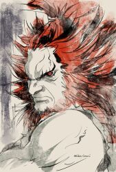 Rule 34 | 1boy, akuma (street fighter), angie (kani-ga-tobuna), bare shoulders, black sclera, colored sclera, frown, looking at viewer, male focus, muscular, muscular male, old, old man, portrait, red eyes, red hair, solo, spiked hair, spot color, street fighter, unfinished, wrinkled skin