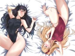 Rule 34 | 2girls, barefoot, black hair, black one-piece swimsuit, blonde hair, breasts, competition swimsuit, covered navel, cowboy shot, curvy, earrings, ereshkigal (fate), fate/grand order, fate (series), groin, highleg, highleg swimsuit, hoop earrings, ishtar (fate), jewelry, long hair, looking at viewer, lying, multiple girls, one-piece swimsuit, red eyes, red one-piece swimsuit, ryudraw, small breasts, swimsuit, symmetry, thick thighs, thighs, two side up, upside-down, very long hair, wide hips