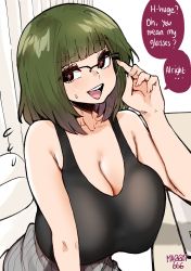 Rule 34 | 1girl, adjusting eyewear, artist name, bare arms, bare shoulders, blush, breasts, cleavage, crosshair pupils, english text, facing viewer, flying sweatdrops, glasses, green hair, highres, huge breasts, indoors, looking at viewer, norman maggot, original, short hair, solo, speech bubble, sweatdrop