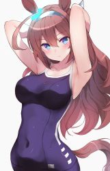 Rule 34 | 1girl, ahoge, animal ears, armpits, arms behind head, arms up, bare shoulders, blue one-piece swimsuit, blush, breasts, brown hair, closed mouth, collarbone, covered navel, grey hairband, hairband, highres, hone kawa, horse ears, horse girl, horse tail, large breasts, long hair, looking at viewer, mihono bourbon (umamusume), one-piece swimsuit, solo, swimsuit, tail, umamusume, wet