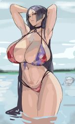 Rule 34 | 2girls, american flag bikini, american flag print, arm up, belt, bikini, breasts, cleavage, collarbone, commentary, commentary request, cosplay, desert, english commentary, eu03, fate/grand order, fate (series), flag print, grass, highres, huge breasts, lake, large breasts, long hair, minamoto no raikou (fate), miyamoto musashi (fate), miyamoto musashi (fate) (cosplay), miyamoto musashi (fate/grand order), miyamoto musashi (swimsuit berserker) (fate), miyamoto musashi (swimsuit berserker) (fate) (cosplay), miyamoto musashi (swimsuit berserker) (second ascension) (fate), multiple girls, navel, parted bangs, print bikini, purple eyes, purple hair, sketch, summer, swimming, swimsuit, sword, thighs, very long hair, weapon, white hair