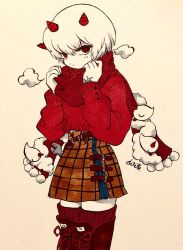 Rule 34 | 1girl, boots, ghost, horns, long sleeves, looking at viewer, mitsuno (northeast mountain), oni horns, original, red eyes, red horns, red scarf, red sweater, scarf, short hair, skirt, smoke, solo, sweater, thighhighs, traditional media, white hair, wrench, yamakita higashi