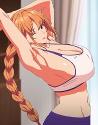 Rule 34 | 1girl, armpits, arms behind head, arms up, blue eyes, braid, breasts, cleavage, highres, large breasts, long hair, looking at viewer, master piece the animation, mira (master piece), one eye closed, orange hair, sideboob, solo, sports bra, standing
