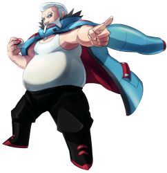 Rule 34 | 1boy, absol (dkqthf), arm hair, bad id, bad twitter id, black eyes, black footwear, black pants, blue coat, boots, coat, coat on shoulders, commentary request, creatures (company), facial hair, fat, fat man, game freak, holding, holding poke ball, legs apart, male focus, mustache, nintendo, pants, parted lips, pointing, poke ball, poke ball (basic), pokemon, pokemon xy, shirt, short hair, sleeveless, sleeveless shirt, solo, standing, transparent background, white hair, white shirt, wulfric (pokemon)