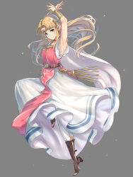 Rule 34 | 1girl, armpits, arms up, blonde hair, blue eyes, blush, boots, bracelet, dress, gown, grey background, haru (nakajou-28), highres, jewelry, leg up, long dress, long hair, looking at viewer, nintendo, pants, pointy ears, princess zelda, simple background, smile, solo, sweat, the legend of zelda, the legend of zelda: a link between worlds, the legend of zelda: a link to the past, white dress, wristband