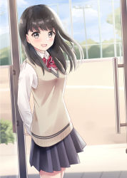 Rule 34 | 1girl, :d, black skirt, blue sky, blush, bow, brown eyes, brown hair, cloud, collared shirt, commentary request, day, diagonal stripes, glass door, highres, long hair, long sleeves, looking at viewer, open door, open mouth, original, outdoors, pleated skirt, red bow, school uniform, shirt, skirt, sky, smile, solo, striped, striped bow, sweater vest, white shirt, yukimaru217
