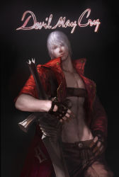 Rule 34 | 1boy, abs, akumey, capcom, dante (devil may cry), devil may cry, devil may cry (series), devil may cry 3, fingerless gloves, gloves, highres, jacket, long coat, male focus, open clothes, open shirt, realistic, rebellion (sword), red jacket, shirt, solo, sword, weapon, white hair