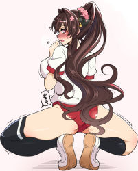 Rule 34 | 1girl, ass, blush, breasts, brown hair, buruma, from behind, gym uniform, hair ornament, hanauna, highres, kantai collection, large breasts, open mouth, pink eyes, ponytail, red buruma, shoes, simple background, solo, spread legs, squatting, stomach ache, stomach growling, thighhighs, trembling, uwabaki, yamato (kancolle)