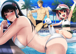Rule 34 | 1boy, 2girls, :d, abs, ahoge, anya (spy x family), arched back, arm up, ass, bare shoulders, bent over, bikini, black hair, black male swimwear, black swim briefs, blonde hair, blue eyes, blue sky, blush, breast press, breasts, butt crack, child, closed mouth, cloud, commentary, cup, drinking glass, earrings, elbow rest, english commentary, family, flower, from side, green eyes, hair flower, hair ornament, hairband, highres, holding, holding cup, ice, ice cube, jewelry, large breasts, looking at viewer, male swimwear, multiple girls, navel, open mouth, outdoors, palm tree, peanut, pink hair, pool, red eyes, riding, rose, short hair, side-tie bikini bottom, sitting, sky, smile, spy x family, stomach, strap gap, string bikini, swan boat, swim briefs, swimsuit, toned, toned male, tree, twilight (spy x family), visor cap, water, wet, white bikini, white hairband, xter, yor briar