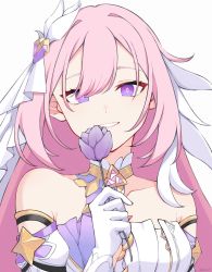 Rule 34 | 1girl, bare shoulders, breasts, collarbone, commentary request, dress, elysia (herrscher of human:ego) (honkai impact), elysia (honkai impact), eyebrows hidden by hair, flower, grey background, hair between eyes, hand up, highres, holding, holding flower, honkai (series), honkai impact 3rd, long hair, looking at viewer, medium breasts, neru (shiiron4), parted lips, pink hair, purple eyes, purple flower, simple background, smile, solo, upper body, white background, white dress