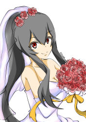 Rule 34 | 10s, 1girl, absurdres, bare shoulders, black hair, bouquet, breasts, dress, elbow gloves, female focus, flower, gloves, hair between eyes, hair flower, hair ornament, highres, holding, holding flower, kantai collection, large breasts, ponytail, red eyes, red flower, red rose, rose, simple background, solo, trixveer, wedding dress, white background, white dress, white gloves, yahagi (kancolle)