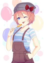Rule 34 | 1girl, ;p, absurdres, artist name, balloon, blue eyes, bow, candy, commentary, doki doki literature club, english commentary, food, gomi (gomiko art), hair between eyes, hand in own hair, hat, hat bow, highres, light brown hair, lollipop, looking at viewer, one eye closed, overalls, sayori (doki doki literature club), shirt, short hair, short sleeves, solo, striped clothes, striped shirt, tongue, tongue out