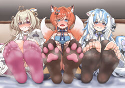 3girls absurdres animal_ears blonde_hair blue_eyes blue_hair blush feet fingerless_gloves gloves grin hands_on_own_knees heterochromia highres long_hair looking_at_viewer multicolored_hair multiple_girls open_mouth orange_hair pantyhose pink_socks red_eyes see-through_clothes see-through_legwear smile socks soles steam symbol-shaped_pupils tail toeless_legwear toes two-tone_hair white_hair xiong_miao