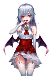 Rule 34 | 1girl, alternate costume, aqua sailor collar, bad id, bad pixiv id, bat wings, blood on hands, blue hair, detached sleeves, flower, garter straps, highres, long hair, looking at viewer, madan (kkh8936), no headwear, open mouth, pointy ears, red eyes, red flower, red neckwear, red rose, remilia scarlet, rose, sailor collar, simple background, skirt, solo, standing, teeth, thighhighs, touhou, white background, white skirt, white thighhighs, wings