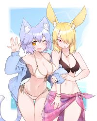 Rule 34 | 2girls, animal ears, bare shoulders, bikini, black one-piece swimsuit, blonde hair, blue hair, blush, breasts, cat ears, cat tail, collarbone, commentary, commentary request, groin, hair over one eye, highres, jacket, large breasts, looking at viewer, medium breasts, multiple girls, navel, one-piece swimsuit, one eye closed, open mouth, original, rabbit ears, red eyes, ryota tentei, scar, short hair, swimsuit, tail, tora tentei, white bikini, yellow eyes