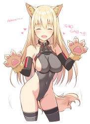 Rule 34 | 1girl, adapted costume, animal ear fluff, animal ears, animal hands, bismarck (kancolle), black collar, black thighhighs, blonde hair, blush, breasts, closed eyes, collar, covered navel, elbow gloves, fang, fur trim, gao, gloves, hair between eyes, heart, highres, kantai collection, large breasts, leotard, long hair, ohta yuichi, open mouth, paw gloves, simple background, skin tight, solo, tail, thighhighs, white background