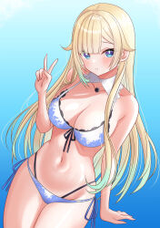 Rule 34 | 1girl, absurdres, aizawa ema, aizawa ema (summer c102), bikini, blonde hair, blue background, blue eyes, blue hair, blunt bangs, blush, breasts, cat necklace, collar, commentary, cowboy shot, curvy, detached collar, front-tie bikini top, front-tie top, gradient background, gradient hair, hair flaps, haruo860, highleg, highleg bikini, highres, lace, lace-trimmed bikini, lace trim, large breasts, long hair, looking at viewer, multi-strapped bikini bottom, multicolored hair, navel, parted lips, side-tie bikini bottom, solo, stomach, swimsuit, symbol-only commentary, v, very long hair, virtual youtuber, vspo!, white bikini, white collar