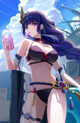 Rule 34 | 1girl, absurdres, bare shoulders, bikini, black bikini, blue sky, blunt bangs, cloud, commentary request, cowboy shot, cup, day, drinking straw, food, genshin impact, ginlear, highres, holding, holding cup, long hair, looking at viewer, mouth hold, navel, popsicle, purple eyes, purple hair, raiden shogun, sky, solo, standing, stomach, swimsuit, thigh strap, thighs, very long hair