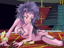 Rule 34 | 1girl, artist request, ass, bent over, boots, bracelet, breasts, collarbone, colored skin, fingernails, highres, jewelry, long fingernails, long hair, megami tensei, nipples, nude, on floor, pink skin, purple hair, purple skin, rangda, solo, spread legs, tattoo, toes, yellow eyes